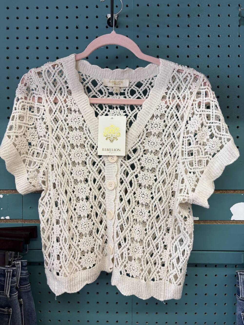 NEW REBELLION AGAIN women's crocheted button-down short sleeve crop top in cream